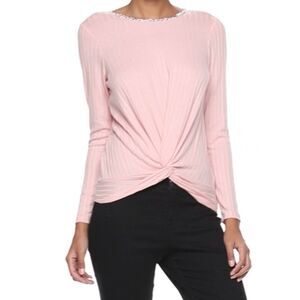 Juicy Couture | Pink Ribbed Knit Top Tie Back Embellished Neck Size Medium